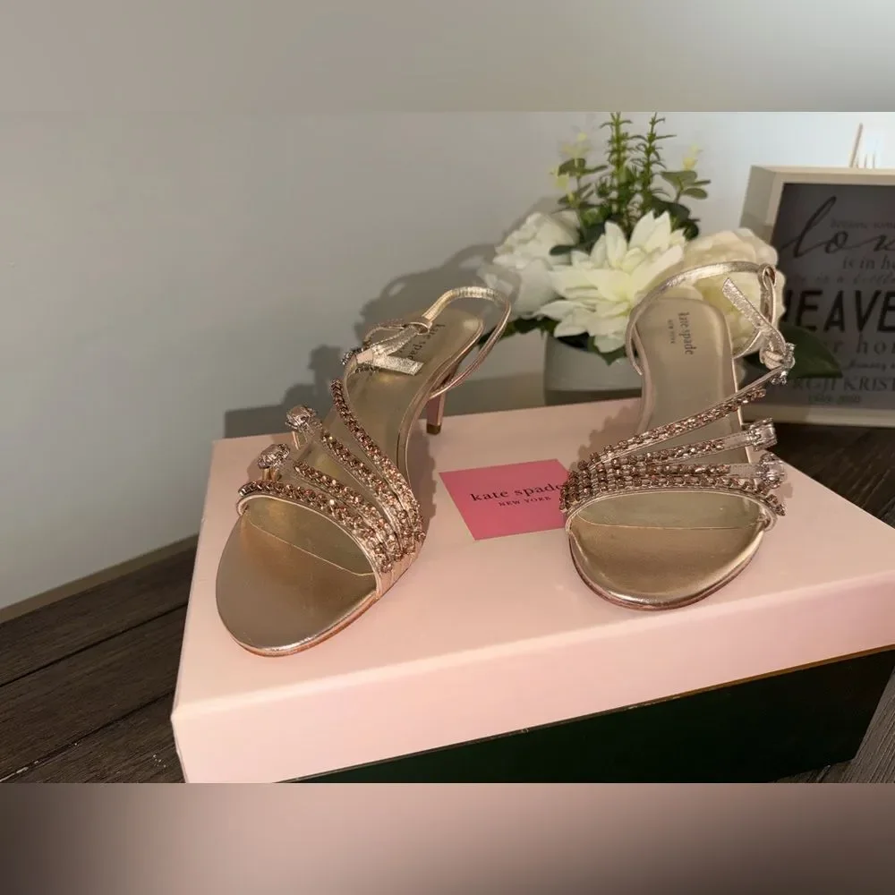 Kate Spade Makenna Rose Gold Crystal Strappy Heels 7M – Evening / Wedding